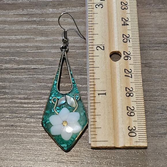 Vintage Alpaca Silver Dangle Earrings with Crushed Turquoise and Mother of Pearl - Picture 2 of 6